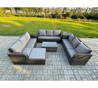 Fimous 10-Seater Dark Grey Rattan Outdoor Lounge Set | Rectangular Coffee Table, 3-Seater Sofa, Large Footstool, Side Table