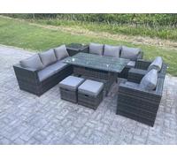 Fimous Garden Furniture Rattan Lounge Sofa Set Patio Rectangular Dining Table with 2 Armchair Side Table 2 Footstool 10 Seater