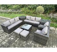 Fimous Outdoor Rattan Garden Furniture Set 10 Seater Patio Lounge Sofa Set with 2 Armchairs Square Coffee Table 2 Side Tables