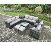 Fimous 10-Seater Dark Grey Rattan Outdoor Sofa Set | 2 Armchairs, Square Coffee Table, 2 Footstools, Side Table