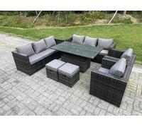 Fimous 10-Seater Dark Grey Wicker PE Rattan Outdoor Sofa Set | Adjustable Rising Dining Table, 2 Armchairs, 2 Stools, 2 Side Tables
