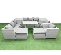 Fimous 10 Seater Garden Furniture Set PE Rattan Garden Sofa Set with Rectangular Dining Table 2 Big Stool 2 Side Tables Light Grey