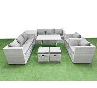 Fimous 10 Seater Garden Furniture Set PE Rattan Garden Sofa Set with Rectangular Dining Table 2 Small Stools Side Table Light Grey