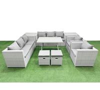 Fimous 10 Seater Garden Furniture Set PE Rattan Garden Sofa Set with Rectangular Dining Table 2 Small Stools 2 Side Tables Light Grey