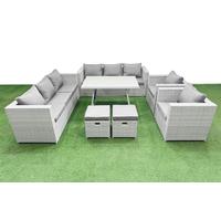 Fimous 10 Seater Garden Furniture Set PE Ratten Garden Sofa Set with Rectangular Dining Table 2 Small Stools Light Grey