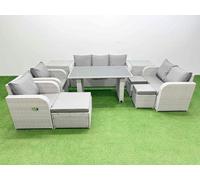 Fimous 10 Seater Garden Furniture Set PE Ratten Garden Sofa Set with Rectangular Dining Table 3 Stool 2 Side Tables Light Grey