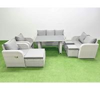 Fimous 10 Seater Garden Furniture Set PE Rattan Garden Sofa Set with Rectangular Dining Table 3 Stool Light Grey