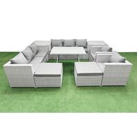 Fimous 10 Seater Garden Furniture Set PE Ratten Garden Sofa Set with Rectangular Dining Table 2 Big Stool 2 Side Tables Light Grey