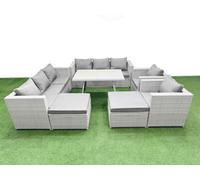 Fimous 10 Seater Garden Furniture Set PE Rattan Garden Sofa Set with Rectangular Dining Table 2 Big Stool Light Grey