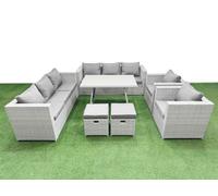 Fimous 10 Seater Garden Furniture Set PE Rattan Garden Sofa Set with Rectangular Dining Table 2 Small Stools Light Grey