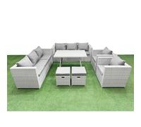 Fimous 10 Seater Garden Furniture Set PE Rattan Garden Sofa Set with Rectangular Dining Table 2 Small Stools Light Grey