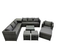 Fimous 10 Seater Garden Outdoor Rattan Furniture Set Patio Corner Sofa Coffee Table with Side Table 3 Stool Dark Grey