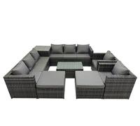 Fimous 10 Seater Garden Outdoor Rattan Furniture Set Patio Corner Sofa Rectangular Coffee Table with 2 Big Stools Side Table Dark Grey