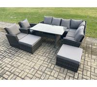 Fimous 10 Seater Garden Rattan Furniture Corner Sofa Dining Table Chair Set with 2 Big Footstool 2 Armchairs Indoor Outdoor Lounge Sofa Set