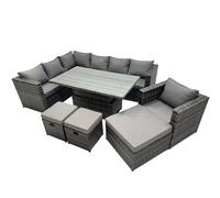 Fimous 10-seater Height Adjustable Rising Lifting Table Corner Sofa Set Rattan Garden Furniture Dining Set with 3 Stool Dark Grey Mixed Dark Grey