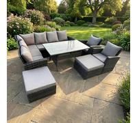 Fimous 10 Seater High Back Rattan Garden Furniture Set with Corner Sofa, Rectangular Dining Table, 2 Arm Chairs, 2 Footstools - Dark Grey