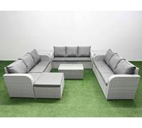 Fimous 10-Seater Light Grey PE Rattan Outdoor Lounge Set | Rectangular Coffee Table, 3-Seater Sofa, Large Footstool, 2 Side Tables
