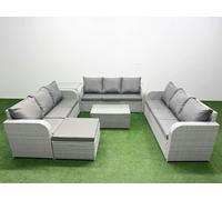 Fimous 10-Seater Light Grey PE Rattan Outdoor Lounge Set | Rectangular Coffee Table, 3-Seater Sofa, Large Footstool, Side Table