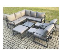 Fimous 10 Seater Outdoor Aluminium Garden Furniture Set Corner Lounge Sofa Set with Square Coffee Table 3 Footstools Dark Grey