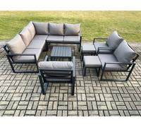 Fimous 10 Seater Outdoor Aluminium Garden Furniture Set Corner Lounge Sofa Set with Square Coffee Table Chair 2 Small Footstools Dark Grey Fimous Dark Grey