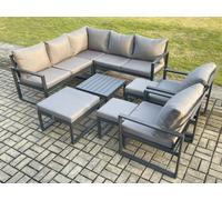 Fimous 10 Seater Outdoor Aluminium Garden Furniture Set Corner Lounge Sofa Set with Square Coffee Table 3 Footstools Dark Grey