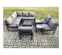 Fimous 10 Seater Outdoor Aluminium Garden Furniture Set Corner Lounge Sofa Set with Square Coffee Table Chair 2 Small Footstools Dark Grey