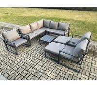 Fimous 10 Seater Outdoor Aluminium Garden Furniture Set Corner Lounge Sofa Set with Square Coffee Table Chair 2 Big Footstools Dark Grey Fimous Dark Grey
