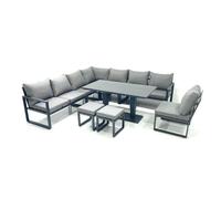 Fimous 10 Seater Aluminium Garden Furniture Set with Corner Sofa, 2 Footstools & Rising Dining Table - Dark Grey