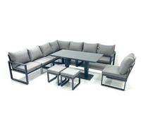 Fimous 10 Seater Outdoor Aluminum Garden Furniture Set Corner Sofa 2 Small Footstools Rising Lifting Dining Table Sets Dark Grey