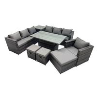 Fimous 10 Seater Outdoor Corner Sofa Height Adjustable Rising Lifting Table Set Garden Rattan Furniture Set with Side Table 3 Stool Dark Grey
