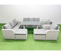 Fimous 10 Seater Wicker PE Rattan Furniture Outdoor Dining Table 3 Seater Sofa Reclining Chair Set with 2 Side Tables 2 Big Stools Light Grey