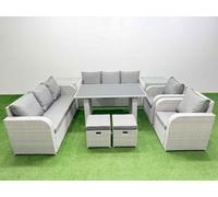 Fimous 10 Seater Wicker PE Rattan Furniture Outdoor Dining Table 3 Seater Sofa Reclining Chair Set with 2 Side Tables 2 Small Stools Light Grey