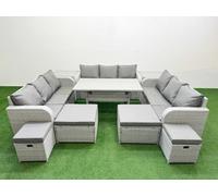 Fimous PE Rattan Lounge Sofa Set 10 Seater Outdoor Garden Furniture Set with Dining Table 3 Seater Sofa 2 Big Footstools 2 Side Tables Light Grey