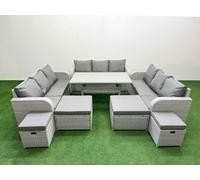 Fimous PE Rattan Lounge Sofa Set 10 Seater Outdoor Garden Furniture Set with Dining Table 3 Seater Sofa 2 Big Footstools Light Grey