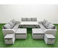 Fimous PE Rattan Lounge Sofa Set 10 Seater Outdoor Garden Furniture Set with Dining Table 3 Seater Sofa 2 Big Footstools Side Table Light Grey