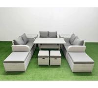 FIMOUS Rattan Lounge Sofa Set 10-Seater with Dining Table & Footstools – Light Grey