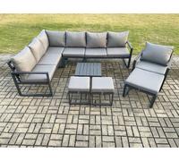 Fimous 10 Seater Outdoor Lounge Corner Sofa Set Aluminum Garden Furniture Sets with Square Coffee Table Chair 3 Footstools Dark Grey Fimous Dark Grey
