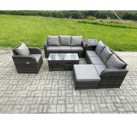 Fimous 10-Seater Rattan Outdoor Lounge Sofa Set | Rectangular Coffee Table, 3-Seater Sofa, 3 Footstools, Side Table - Dark Grey