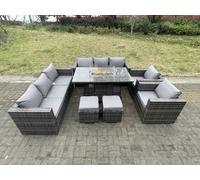 Fimous 10 Seater Outdoor PE Rattan Garden Furniture Gas Fire Pit Dining Table Set Lounge Sofa 2 PC Armchairs With 2 Stools Dark Grey Mixed Patio