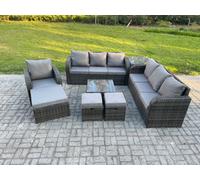 Fimous 10 Seater Outdoor Rattan Garden Furniture Set Conservatory Patio Sofa Coffee Table With Reclining Chair 3 Footstools Side Table Dark Grey Mixed