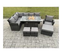 Fimous 10 Seater Outdoor Rattan Garden Furniture Set Corner Sofa Gas Fire Pit Dining Table Sets Gas Heater with 3 Footstools Armchair