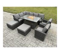 Fimous 10-Seater Rattan Corner Sofa Dining Set | Outdoor Gas Fire Pit Table & Heater, 2 Armchairs, 2 Footstools - Dark Grey