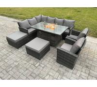 Fimous 10-Seater Rattan Corner Sofa Dining Set | Outdoor Gas Fire Pit Table & Heater, 2 Armchairs, 2 Footstools - Dark Grey