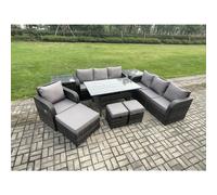 10 Seater Outdoor Rattan Garden Furniture Set Oblong Rectangular Dining Table and Chairs Set with 3 Seater Sofa 3PC Footstools 2 Side Tables Fimous Dark Grey One Size