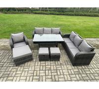Fimous 10 Seater Outdoor Rattan Garden Furniture Set Oblong Rectangular Dining Table and Chairs Set with 3 Seater Sofa 3PC Footstools Dark Grey Mixed