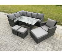 Fimous 10 Seater Outdoor Rattan Garden Furniture Set with Rectangular Dining Table 3 Footstool Armchiar Patio Wicker Corner Sofa Set Dark Grey Mixed