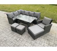 Fimous 10 Seater Outdoor Rattan Garden Furniture Set with Rectangular Dining Table 3 Footstool Armchiar Patio Wicker Corner Sofa Set Dark Grey Mixed