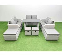Fimous 10 Seater Patio Garden Furniture Sets with Black Glass Top Dining Table Love Sofa 2 Side Tables 4 Stools Light Grey