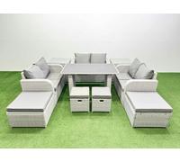 Fimous 10 Seater Patio Garden Furniture Sets with Black Glass Top Dining Table Love Sofa 4 Stools Light Grey