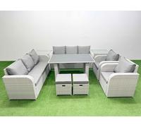 Fimous 10 Seater Wicker PE Rattan Furniture Outdoor Dining Table 3 Seater Sofa Reclining Chair Set with 2 Side Tables 2 Small Stools Light Grey